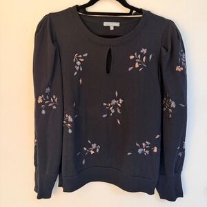 Wit & Wisdom Black Floral Embroidered Puff Sleeve Keyhole Sweatshirt L Cottage